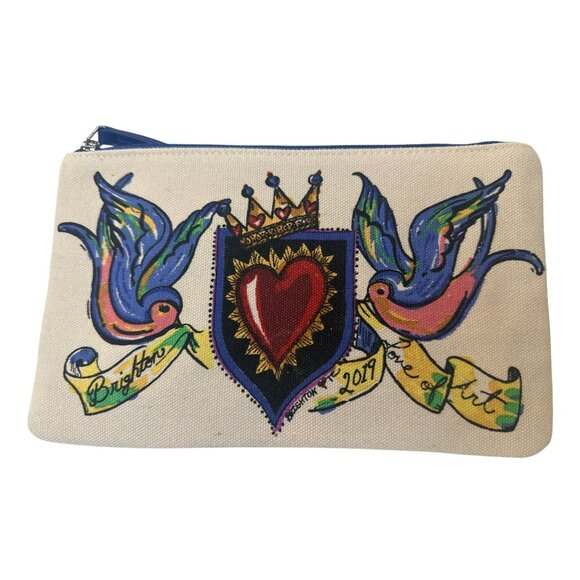 Brighton Love Art 2019 Cosmetics Canvas Pouch With Heart & Dove Design 9" Long - Picture 1 of 4